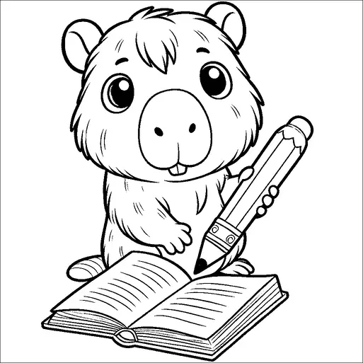 Un mignon capybara est représenté tenant un grand crayon, comme s'il s'apprêtait à écrire ou à dessiner sur le livre ouvert devant lui. Le capybara a l'air engageant avec ses grands yeux et ses petites oreilles. Le livre est ouvert, montrant des pages lignées, suggérant une scène de créativité et d'apprentissage. Le ton général est ludique et éducatif.