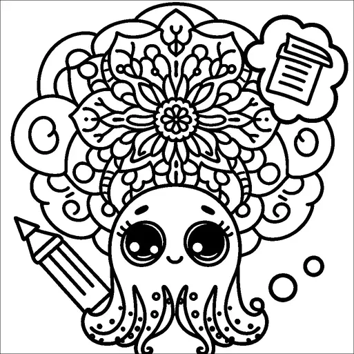 Un mignon poulpe aux grands yeux expressifs tenant un crayon est entouré d'un motif mandala complexe et décoratif. Il y a aussi une bulle de pensée présentant une feuille de papier, suggérant la créativité ou la planification. Le design mandala comprend des éléments floraux et abstraits, ajoutant de la complexité et de l'intérêt à la scène. L'ambiance générale est ludique et imaginative, évoquant un sentiment de curiosité et d'exploration artistique.