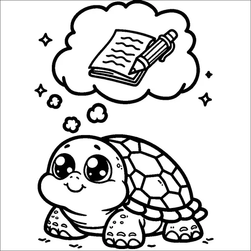 Une mignonne tortue aux grands yeux expressifs est représentée, semblant penser. Au-dessus de sa tête se trouve une bulle de pensée contenant une image d'un livre et d'un crayon, suggérant qu'elle pense à écrire ou à lire. De petites étoiles et des bulles de pensée supplémentaires décorent la scène. La carapace et les caractéristiques de la tortue sont détaillées et attachantes.