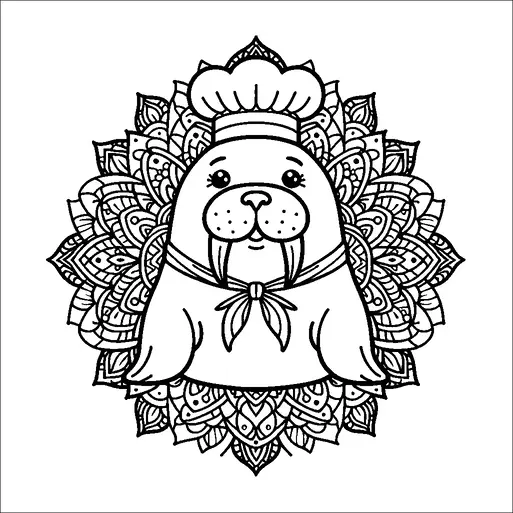 Un morse portant un chapeau de chef et un foulard de cuisine est centré dans l'image, entouré d'un design mandala complexe. Le morse a une expression amicale, avec un visage arrondi et des défenses proéminentes. Le mandala derrière lui présente divers motifs géométriques et floraux. L'apparence générale est ludique et engageante.