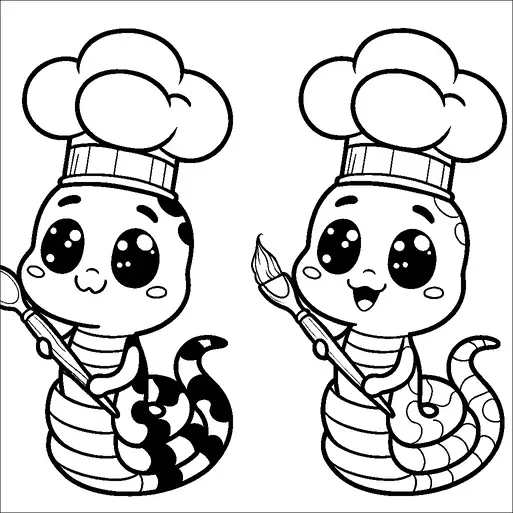 Deux personnages mignons ressemblant à des chenilles portent des chapeaux de chef et tiennent des pinceaux. Ils ont de grands yeux expressifs et des expressions joyeuses. Les deux personnages sont segmentés comme des vers et semblent s'engager joyeusement dans une activité créative. Ils sont positionnés côte à côte avec de légères différences dans leurs expressions faciales et les marques sur leurs corps.
