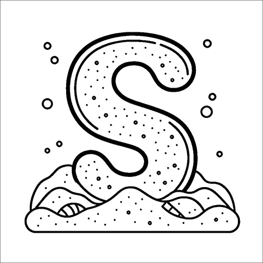 Une grande lettre "S" stylisée émerge d'une surface sablonneuse, entourée de bulles. Le design suggère un thème sous-marin ou de plage, avec des points ajoutant de la texture à la lettre. Des lignes ondulées dans le sable ajoutent de la profondeur et de la dimension. La composition globale donne une impression ludique et vivante.