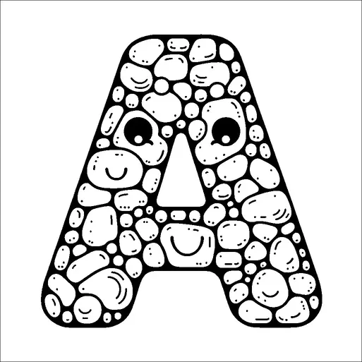 Une lettre "A" ludique est composée de diverses pierres blanches dessinées de manière caricaturale, chacune présentant des visages souriants. Deux pierres proéminentes près du sommet forment des yeux, donnant à la lettre une expression amicale. Les pierres varient en taille et en forme, ajoutant de la texture au design. L'agencement général crée la forme de la lettre, avec une personnalité joyeuse.