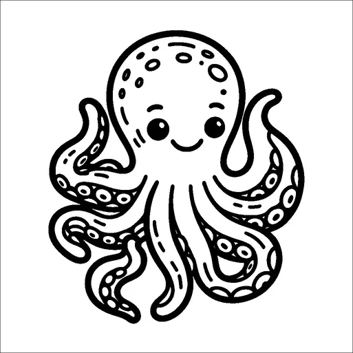 Un poulpe souriant avec huit tentacules est représenté, chacun orné de motifs circulaires suggérant des ventouses. Le visage du poulpe est simple et amical, avec de grands yeux ronds et un petit sourire. Il a une tête lisse avec quelques marques circulaires ajoutant de la texture. L'apparence générale est joyeuse et accueillante.