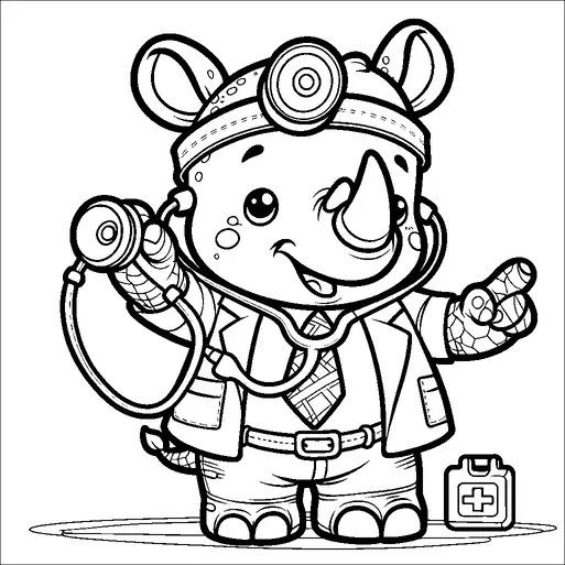 Un adorable personnage de rhinocéros est habillé en médecin, portant une blouse et un miroir frontal. Il tient un stéthoscope dans une main, tandis que l'autre main pointe vers le haut avec un geste. Le rhinocéros a une expression amicale et semble impatient d'aider. À côté de lui se trouve un petit sac médical, complétant le thème du médecin.