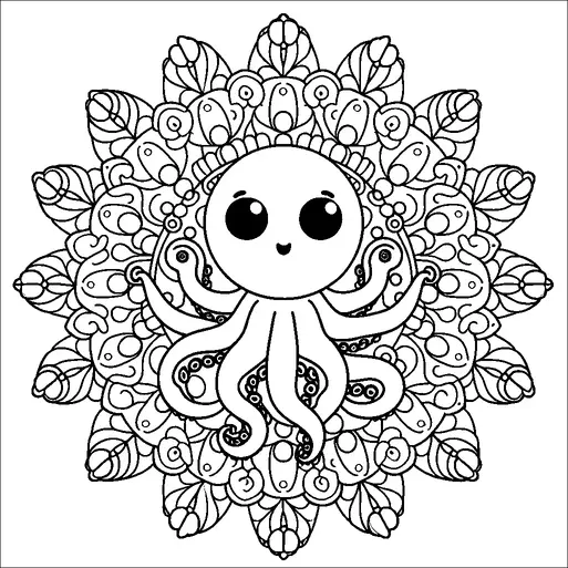 Un mignon poulpe aux grands yeux expressifs est centré dans un motif mandala détaillé et symétrique. Le poulpe a un sourire amical et ses tentacules sont gracieusement étalées. Autour de lui se trouve un design mandala complexe avec des motifs et des formes répétitifs qui ressemblent à des coquillages. L'ensemble de la composition a un thème nautique avec un sentiment d'harmonie et d'équilibre.