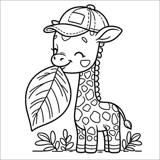 Une jolie girafe porte une casquette et tient une grande feuille dans sa bouche. La girafe a une expression enjouée et heureuse. Il y a de petites plantes autour de ses pieds. La scène dégage une ambiance amicale et joyeuse.