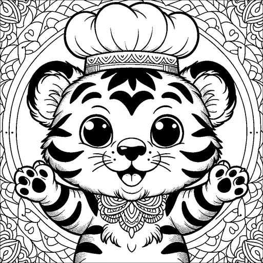 Un mignon tigre de dessin animé aux grands yeux expressifs porte un chapeau de chef. Le tigre est entouré de motifs décoratifs complexes. Ses pattes sont levées, donnant une impression d'excitation ou de salutation. Le thème général est ludique et charmant.