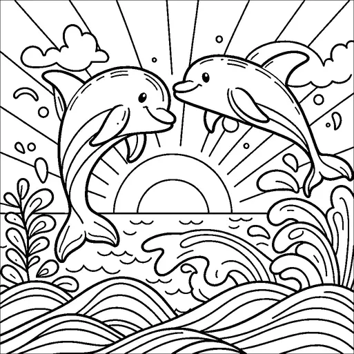 Deux dauphins joueurs sautent hors de l'océan alors que le soleil se couche en arrière-plan, projetant des rayons dans le ciel. Les vagues se brisent autour d'eux et quelques nuages flottent au-dessus de l'horizon. La scène est animée et capture un moment de joie et de beauté naturelle. Des plantes et des éclaboussures d'eau ajoutent des détails au décor marin.