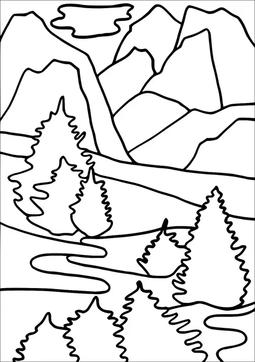 Una paesaggio montuoso con diverse cime sovrapposte riempie lo sfondo, mentre il primo piano contiene numerosi pini. Un sentiero o un fiume serpeggia attraverso la scena, aggiungendo profondità e conducendo verso le montagne. Una singola nuvola si libra sopra, accentuando il panorama naturale. La scena trasmette una tranquilla, incontaminata natura selvaggia.