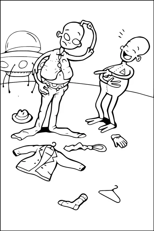Dois alienígenas estão de pé ao lado de um OVNI, com um alienígena parecendo confuso e coçando a cabeça enquanto o outro ri. Itens de vestuário, incluindo uma jaqueta, gravata, luva, meia e cabide, estão espalhados pelo chão. O cenário sugere um momento humorístico ou brincalhão. Um chapéu também está no chão por perto.