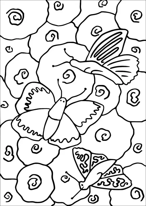 Tre farfalle svolazzano su uno sfondo di fiori vorticosi. La scena è vivace con vari disegni sulle ali delle farfalle che aggiungono profondità. I fiori sono grandi e prominenti, creando uno sfondo contrastante. Le farfalle sono in posizioni diverse, suggerendo movimento.