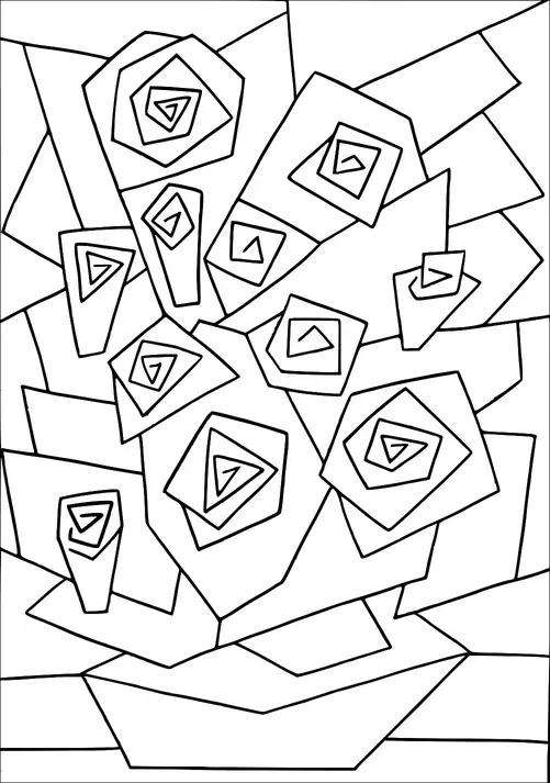 Una collezione di rose astratte è disposta con forme geometriche. Le rose sono spirali posizionate su sfondi angolari e sovrapposti. I fiori e le forme creano un aspetto stratificato, simile a un mosaico. La composizione dà una sensazione moderna e artistica.
