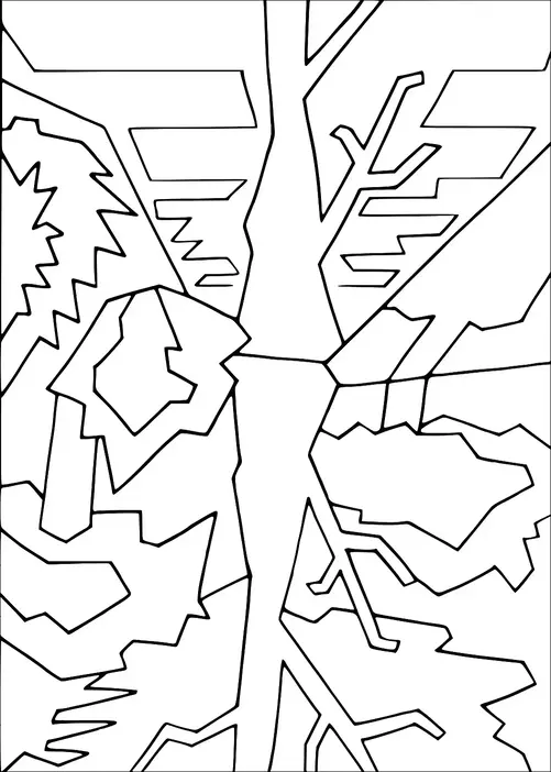 Un albero centrale con rami spogli si estende verso l'alto, circondato da forme angolari e irregolari che rappresentano una dinamica scena di foresta astratta. Lo sfondo è riempito con modelli geometrici che assomigliano a foglie ed elementi del cielo. Il tronco dell'albero divide verticalmente l'immagine, aggiungendo simmetria alle forme caotiche circostanti.