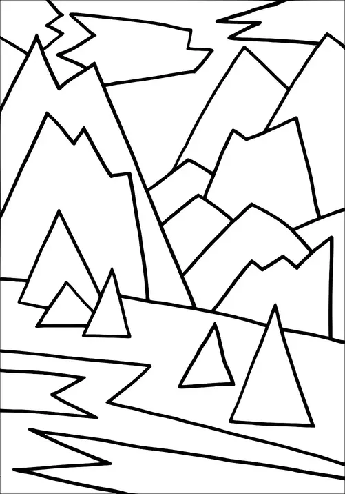 Le montagne si elevano sopra un paesaggio con cime angolari e un orizzonte frastagliato. Tre alberi triangolari si ergono in primo piano vicino a un fiume che scorre. La scena è dominata da forme geometriche e contorni netti. Il cielo appare parzialmente nuvoloso con formazioni di nuvole stilizzate.