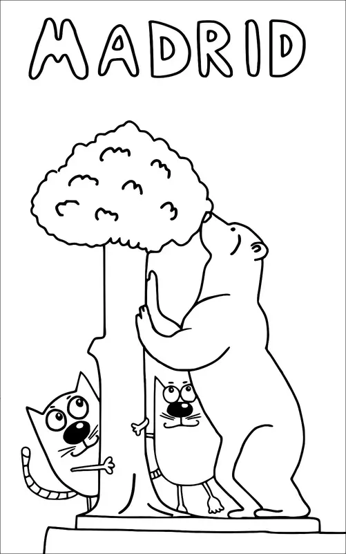 Un oso se encuentra de pie sobre sus patas traseras, alcanzando un árbol estilizado, mientras dos ratones de dibujos animados se encuentran cerca de la base. Encima de la escena está la palabra "Madrid" escrita en letras grandes. Los animales parecen juguetones e interactúan con el árbol y entre ellos.