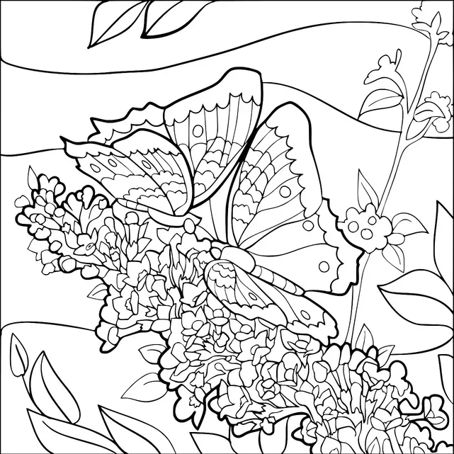Un farfalla si riposa su un grappolo di fiori, circondata da foglie ed elementi floreali aggiuntivi. Le ali della farfalla sono ornate con vari disegni e forme. Sotto la farfalla, i fiori sono densamente impacchettati, mostrando piccole fioriture. Sullo sfondo, linee morbide e fluide suggeriscono una brezza leggera o colline ondulate.