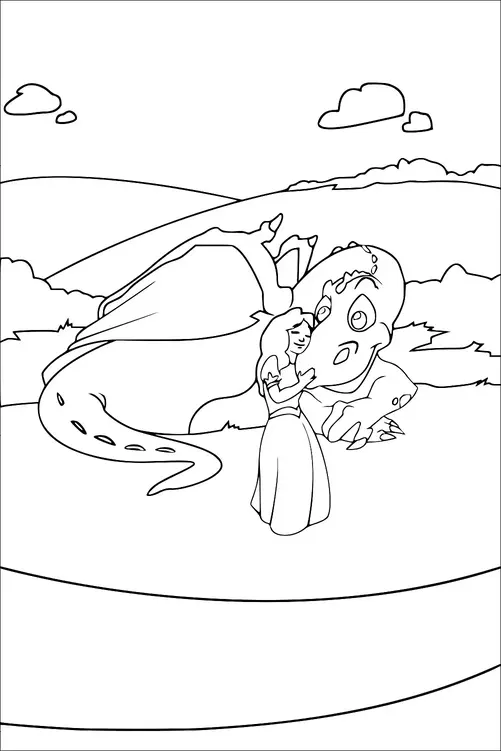 Una donna in un lungo abito sta abbracciando affettuosamente un grande drago dall'aspetto amichevole in un paesaggio pastorale. Il drago è sdraiato a terra con gli occhi semi-chiusi, sembra contento. Lo sfondo presenta colline ondulate, alberi e alcune nuvole nel cielo. La scena trasmette un senso di tranquillità e amicizia tra la donna e la creatura mitologica.
