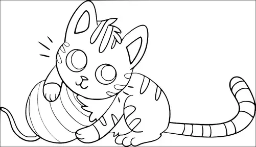 Un gatto in stile cartoon con grandi occhi sta abbracciando giocoso un gomitolo di lana. Ha strisce distintive sulla schiena e una coda a righe. Il gatto sembra essere contento e impegnato a giocare. L'ambientazione generale è semplice e giocosa.
