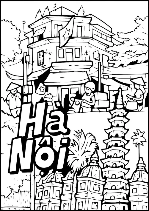 Una animada escena callejera en Hanoi con edificios tradicionales, una bandera vietnamita y personas realizando sus actividades diarias. En primer plano, hay una etiqueta de texto prominente que dice "Hà Nội". Se puede ver una pagoda de varios niveles, rodeada de palmeras. La escena encapsula la vibrante cultura y arquitectura de la ciudad.