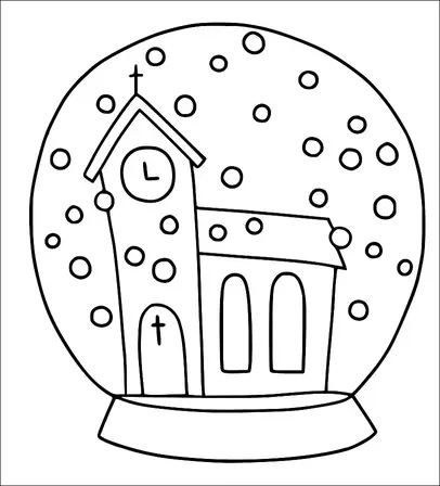 Una iglesia con una torre de reloj y ventanas arqueadas está encerrada en una bola de nieve, rodeada de copos de nieve cayendo. La iglesia tiene una cruz en la cima de su campanario y una cruz en la puerta. Toda la escena captura la esencia del invierno y la alegría festiva. La base redonda sostiene la estructura de la bola de nieve.