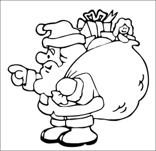 Babbo Natale sta portando un grande sacco pieno di regali, tra cui una bambola e regali incartati. Sembra che stia gesticolando o indicando una particolare direzione. È vestito con il suo abito tradizionale con un cappello e degli stivali. La scena complessiva suggerisce un tema festivo, natalizio.
