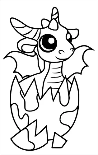 Un dragón bebé con grandes ojos y pequeños cuernos está emergiendo de un huevo agrietado. Tiene pequeñas alas y una cola a rayas. El dragón parece alegre y curioso. Los fragmentos de la cáscara del huevo están esparcidos alrededor.