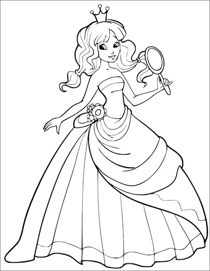 Una principessa con lunghi capelli fluenti indossa un abito e tiene uno specchio a mano. Ha una corona sulla testa e un fiore come decorazione sul suo vestito. La sua gonna fluente ha più strati. La scena è elegante e regale.