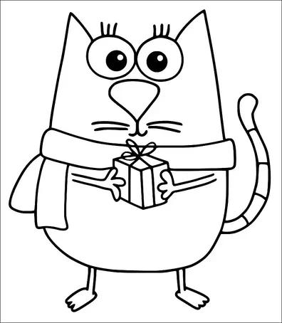 Un gatto con grandi occhi è in piedi indossando una sciarpa e tenendo una piccola scatola regalo. Il gatto ha una coda a righe e baffi. La sua espressione sembra curiosa o sorpresa. La scatola regalo è legata con un nastro.