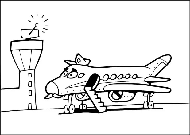 Un avión con una cara de dibujos animados y un sombrero de capitán está estacionado en la pista con escaleras que conducen a su puerta abierta. En el fondo, una torre de control de tráfico aéreo presenta una antena de radar que emite señales. La aeronave tiene ventanas visibles y ojos expresivos. La escena combina elementos de la aviación con un diseño de personaje juguetón.