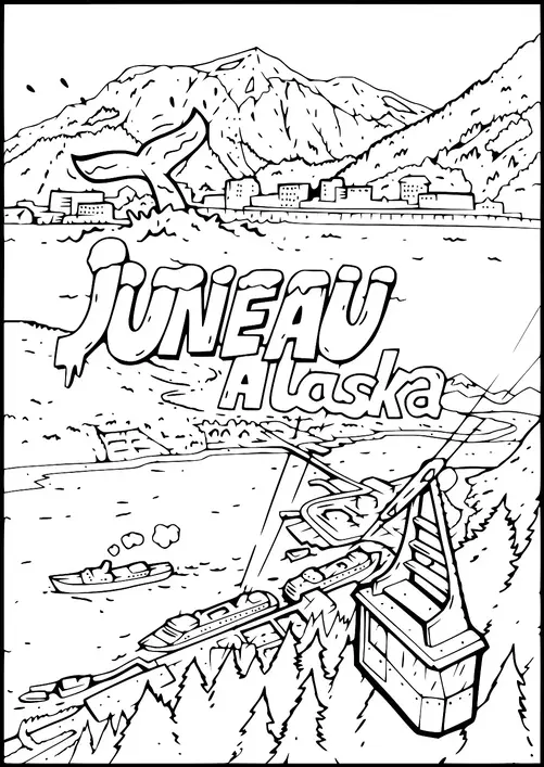 Una città costiera con montagne sullo sfondo, grandi navi nel porto e la coda di una balena visibile sopra l'acqua. È raffigurata una funivia che scende verso l'area del porto. Il testo "Juneau, Alaska" è in evidenza. Alberi di pino incorniciano il primo piano.