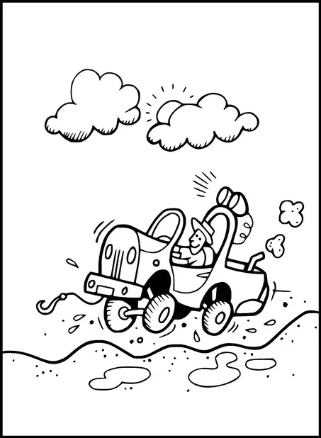 Una persona está conduciendo un jeep a través de un terreno accidentado y embarrado, con salpicaduras de agua alrededor. El jeep parece estar lleno de equipaje mientras rebota sobre el suelo irregular. Arriba, dos nubes flotan en el cielo con el sol asomándose desde atrás. La escena transmite una sensación de aventura y exploración al aire libre.