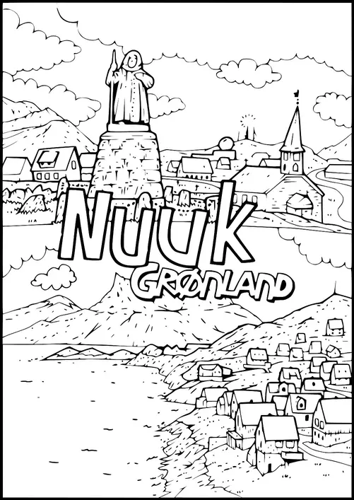 En statue står fremtrædende på en stor stenpedestal med en by i baggrunden. Navnet "Nuuk" og "Grønland" er vist med store bogstaver nedenfor. En kirke med et højt spir er også synlig blandt bygningerne. Sneklædte bjerge og skyer fylder baggrunden.