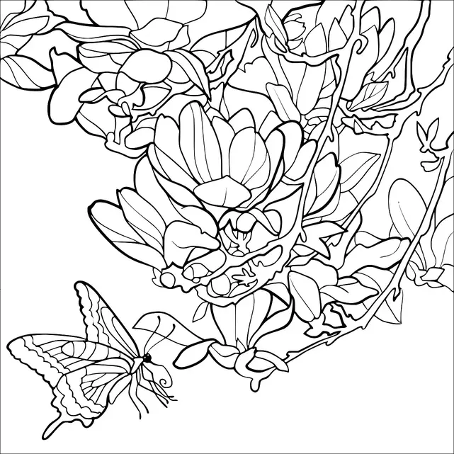 Una farfalla si sta avvicinando a un gruppo di fiori in fiore con petali e foglie intricate. La scena include rami dettagliati e fogliame che si intreccia attorno ai fiori. Le ali della farfalla sono aperte, mostrando modelli simmetrici. La composizione generale suggerisce un vivace ambiente di giardino.
