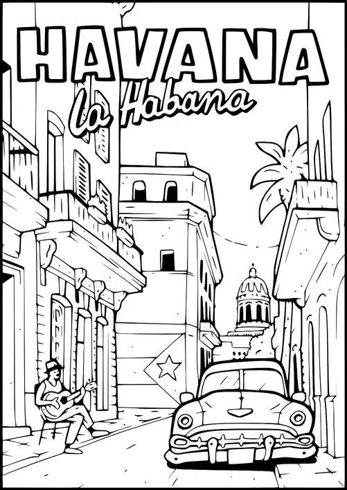 Una escena callejera en La Habana muestra una arquitectura clásica con un músico tocando la guitarra en la acera. Un coche antiguo está aparcado en la carretera empedrada, y el edificio del Capitolio es visible a lo lejos. Las palmeras y una pared con una estrella contribuyen a la atmósfera cubana. Las palabras "Havana" y "La Habana" están prominentemente mostradas arriba.