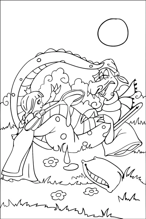 Una joven en un vestido largo interactúa juguetonamente con un dragón, sosteniendo un cucharón de sopa. El dragón está sentado contento con una sonrisa, rodeado de césped, flores y árboles bajo un sol brillante. Cerca hay una gran almohada acogedora sobre el césped. El escenario parece ser una escena al aire libre tranquila y caprichosa.
