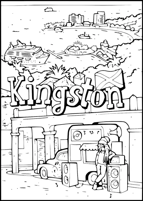 Una vista de la ciudad costera muestra Kingston con una bahía, un crucero y edificios distantes. En primer plano, una persona con cabello largo y un sombrero se apoya en un sistema de sonido junto a un automóvil. El nombre "Kingston" se muestra prominentemente en medio de la escena. Una bandera ondea sobre las letras.