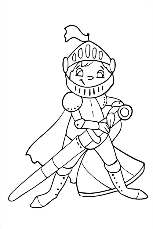Un giovane cavaliere è vestito con un'armatura completa, tiene una grande spada e indossa un elmo con un piumaggio. Il cavaliere sembra avanzare con determinazione. Un mantello fluttua dietro di lui, aumentando il senso di movimento. L'espressione suggerisce fiducia e coraggio.