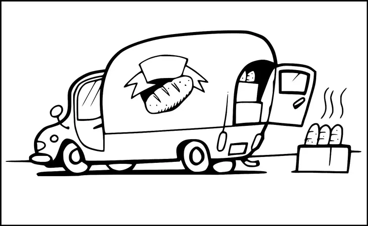 Un camion de entrega de pan está estacionado con su puerta trasera abierta, revelando panes en su interior. El lateral del camión presenta una gran imagen de una baguette. Varias hogazas de pan están colocadas afuera en una mesa, liberando vapor. El camión se representa de una manera simple y juguetona.