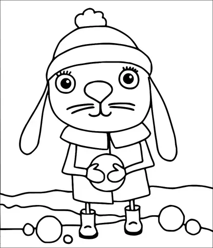 Un coniglio dei cartoni animati che indossa un cappello e un cappotto invernali tiene in mano una palla di neve. Lo sfondo mostra una scena nevosa con ulteriori palle di neve a terra. Il coniglio ha grandi occhi e lunghe orecchie che pendono verso il basso. Si trova in piedi con gli stivali nella neve.