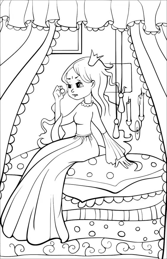 Una princesa se sienta en un montón de colchones en un dormitorio ornamentado, mirando curiosamente un pequeño objeto en su mano. Lleva un vestido y una corona, y la habitación está decorada con elegantes cortinas y candelabros. El entorno sugiere un ambiente de cuento de hadas.