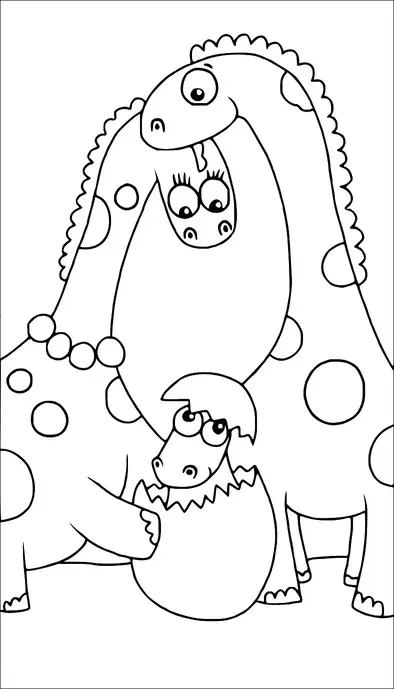 Due mostrano due grandi dinosauri che sorridono a un piccolo dinosauro che sta schiudendo un uovo. I dinosauri adulti hanno macchie sul loro corpo e espressioni amichevoli. Il piccolo dinosauro li guarda con occhi spalancati. La scena trasmette un momento di gioiosa interazione familiare.