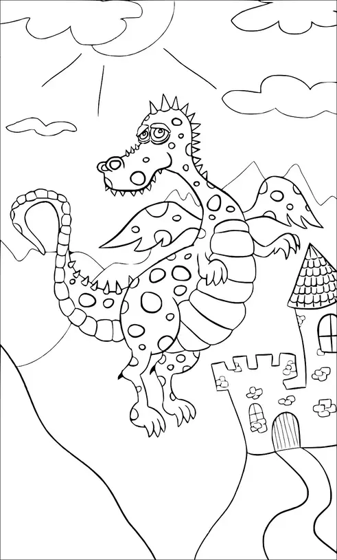 Un dragón con manchas y alas vuela sobre un castillo medieval situado en una colina. Montañas y nubes llenan el fondo, con el sol brillando arriba. La escena ofrece una vibra de fantasía caprichosa, mostrando elementos de un paisaje de cuento de hadas.