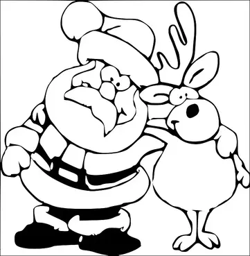 Babbo Natale sta in piedi con una renna, entrambi sembrano amichevoli e allegri. Babbo Natale indossa il suo abito tradizionale con un cappello, e la renna ha un grosso naso e le corna. Sono posizionati molto vicini, condividendo un momento caloroso. L'immagine cattura uno spirito festivo e gioioso delle vacanze.