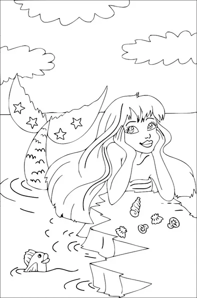 Una sirena con cabello largo descansa en una roca con su cola con estrellas y rayas sumergida en el agua. Está rodeada de conchas marinas en la roca y un pequeño pez asomándose del agua cercana. El cielo está parcialmente nublado, sugiriendo un ambiente marino sereno. La sirena parece relajada y contenta.