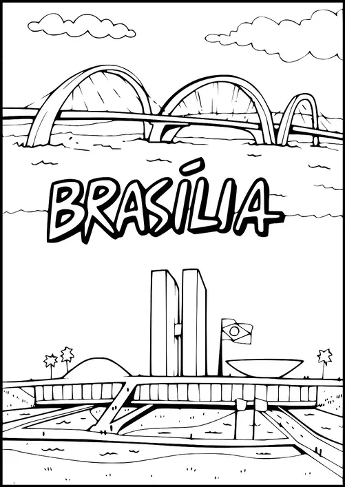 Um ponte se arqueia sobre um rio com nuvens no céu acima. A palavra "Brasília" é exibida proeminentemente no centro. Abaixo, o prédio do Congresso Nacional do Brasil é mostrado com suas icônicas torres gêmeas e estrutura em forma de cúpula. Uma bandeira brasileira ondula ao vento, e palmeiras estão espalhadas por perto.