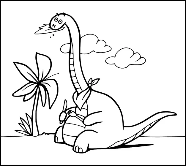 Un dinosauro dal collo lungo è seduto, indossa una sciarpa e tiene uno spuntino. È ambientato in un paesaggio semplice con due nuvole soffici e una grande palma. Il dinosauro sembra essere contento e sta masticando una foglia. La scena è giocosa e spensierata.