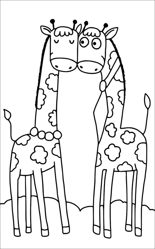Due giraffe stanno vicine con i loro colli intrecciati, mostrando un senso di affetto. Una giraffa ha gli occhi chiusi mentre l'altra ha gli occhi spalancati. Entrambe le giraffe hanno macchie distintive e piccoli ossiconi sulle loro teste. Si trovano su un terreno semplice con alcune colline sullo sfondo.
