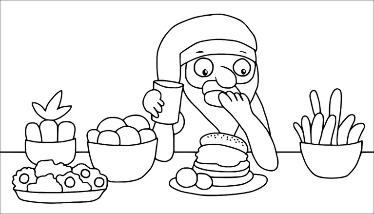 Una persona con barba y gafas está sentada en una mesa, disfrutando de una comida que incluye una hamburguesa, papas fritas y varios tazones de comida. El individuo sostiene una bebida en una mano y parece estar dando un mordisco a la hamburguesa. La mesa está cargada con varios platos, sugiriendo un festín. Un tazón de frutas es visible en el lado izquierdo de la mesa.