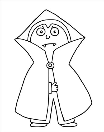 Un vampiro de dibujos animados se encuentra con una capa ancha y un cuello puntiagudo que enmarca su cabeza. El vampiro tiene una cara pequeña y redonda con características simplistas, incluyendo dos colmillos y ojos bien abiertos. Sus manos son parcialmente visibles, agarrando el frente de la capa, y tiene piernas cortas. La expresión general es amigable en lugar de amenazante.